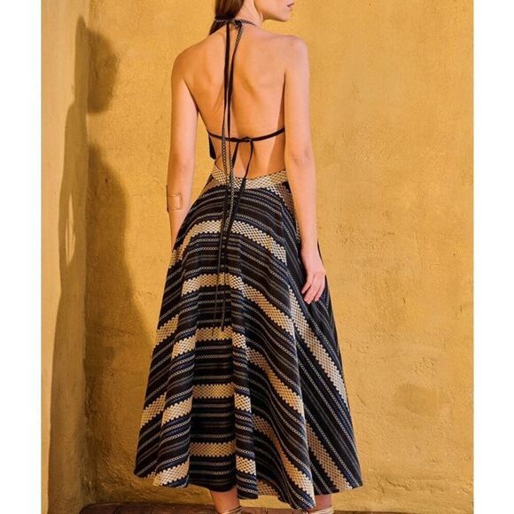 LACE the Label Black gold jacquard Midi Halter Dress Vacation size S NWT$590 - Picture 1 of 7